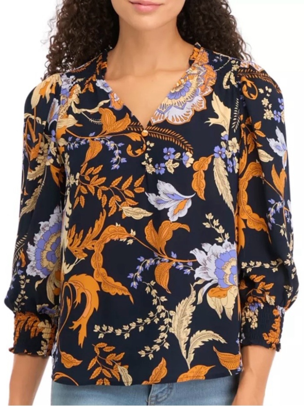 Philosophy Navy Blouse with Orange & Lavender Floral Print
